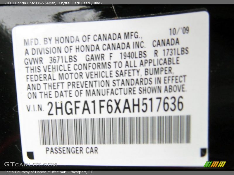 Crystal Black Pearl / Black 2010 Honda Civic LX-S Sedan