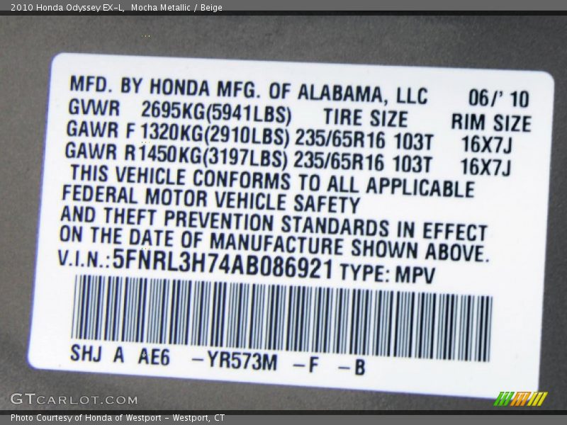 Mocha Metallic / Beige 2010 Honda Odyssey EX-L