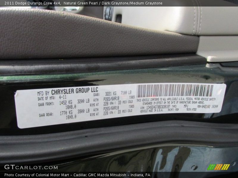 2011 Durango Crew 4x4 Natural Green Pearl Color Code PGN