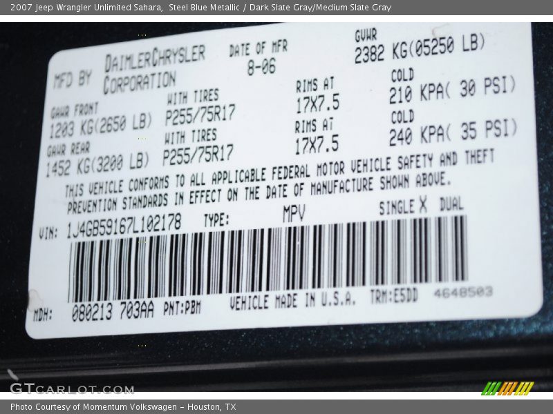 Steel Blue Metallic / Dark Slate Gray/Medium Slate Gray 2007 Jeep Wrangler Unlimited Sahara