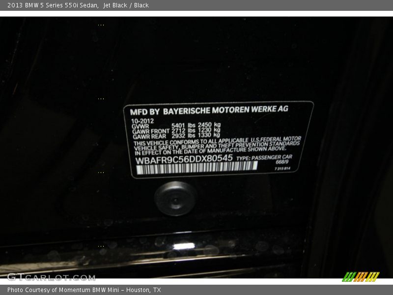 Jet Black / Black 2013 BMW 5 Series 550i Sedan