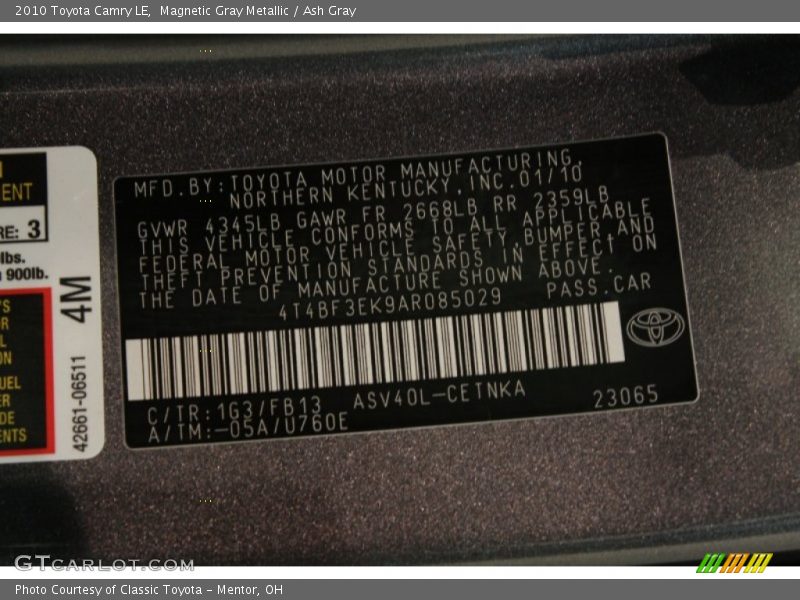 Magnetic Gray Metallic / Ash Gray 2010 Toyota Camry LE
