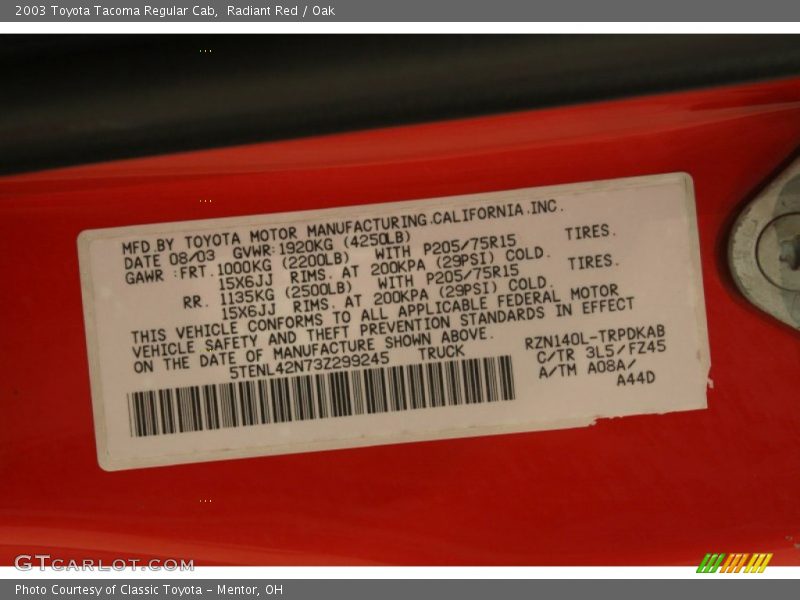 Radiant Red / Oak 2003 Toyota Tacoma Regular Cab
