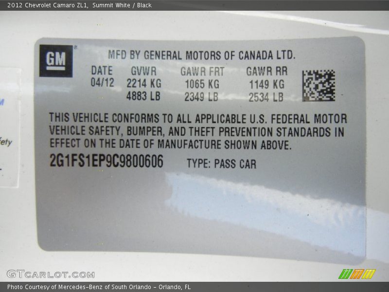 Summit White / Black 2012 Chevrolet Camaro ZL1