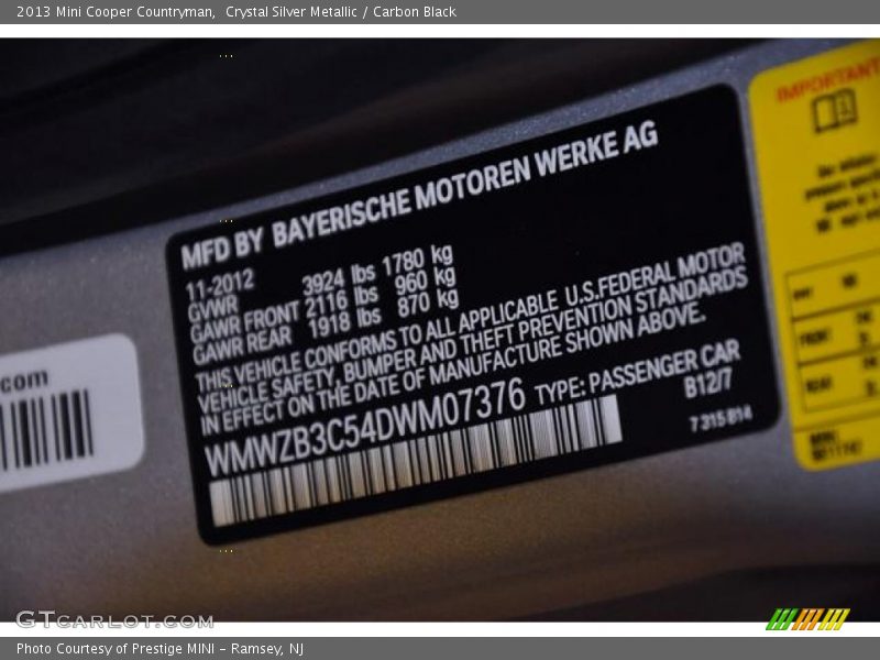 2013 Cooper Countryman Crystal Silver Metallic Color Code B12