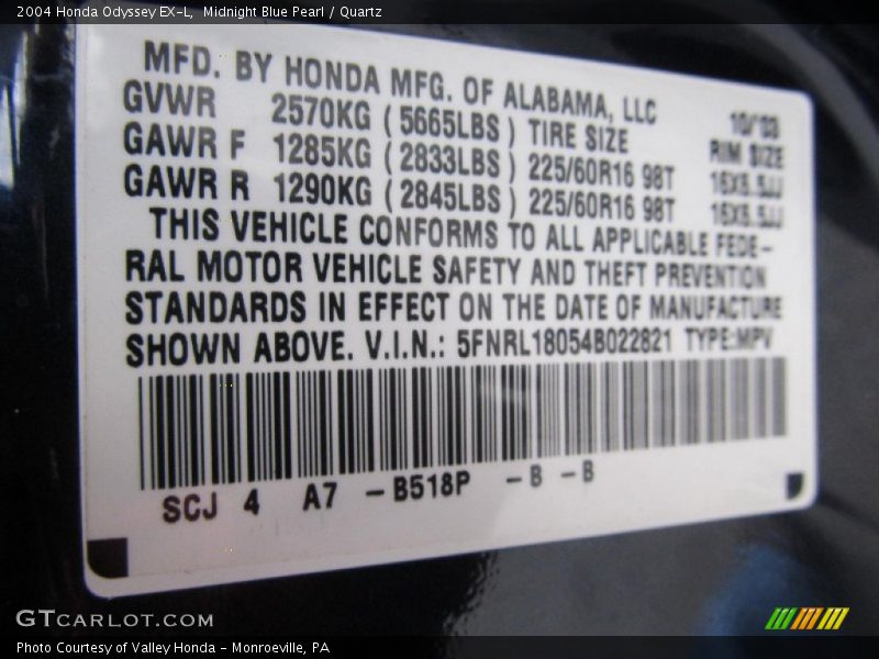 2004 Odyssey EX-L Midnight Blue Pearl Color Code B518P