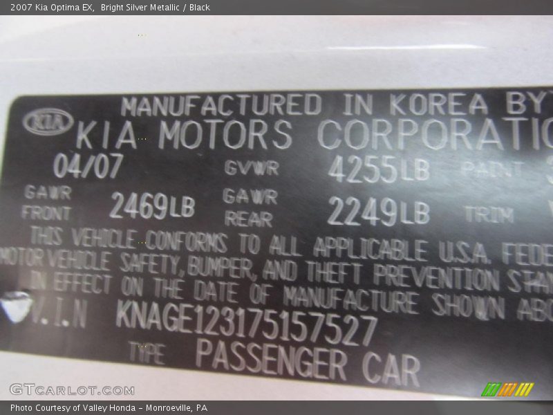 Bright Silver Metallic / Black 2007 Kia Optima EX