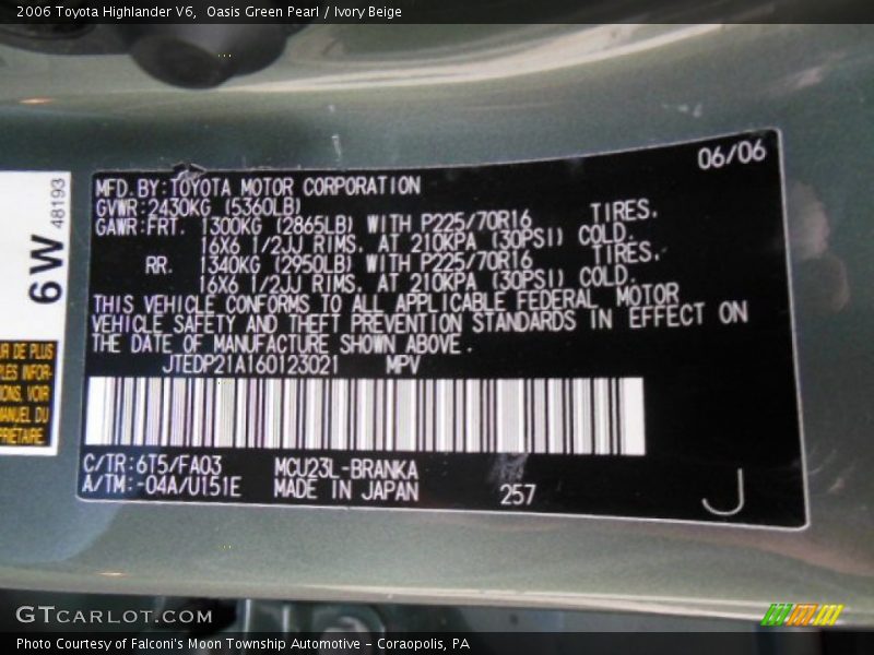 2006 Highlander V6 Oasis Green Pearl Color Code 6T5