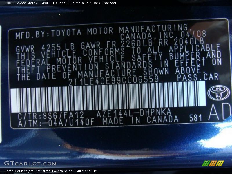 2009 Matrix S AWD Nautical Blue Metallic Color Code 8S6