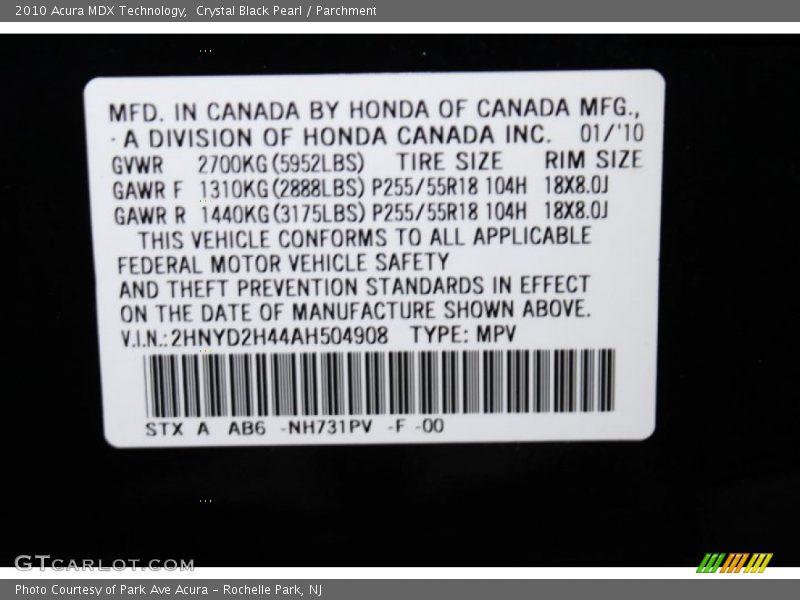 Crystal Black Pearl / Parchment 2010 Acura MDX Technology