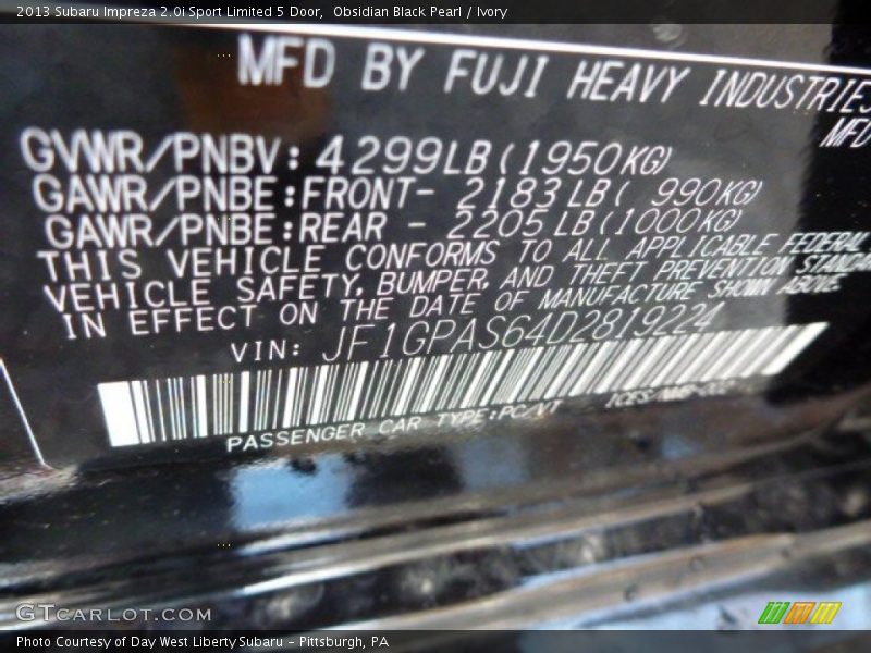 Obsidian Black Pearl / Ivory 2013 Subaru Impreza 2.0i Sport Limited 5 Door