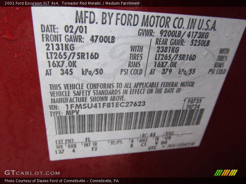 Toreador Red Metallic / Medium Parchment 2001 Ford Excursion XLT 4x4