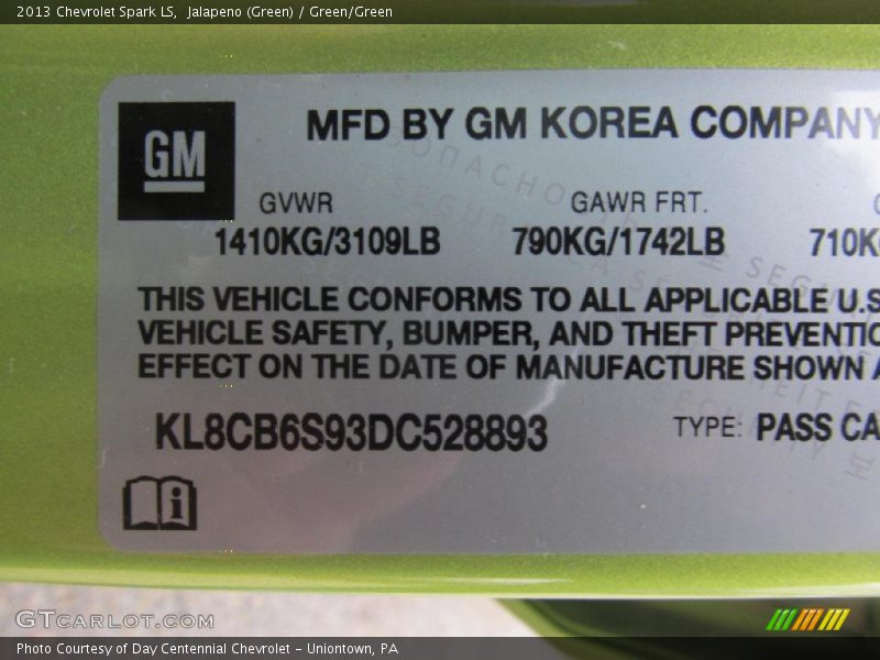 Jalapeno (Green) / Green/Green 2013 Chevrolet Spark LS