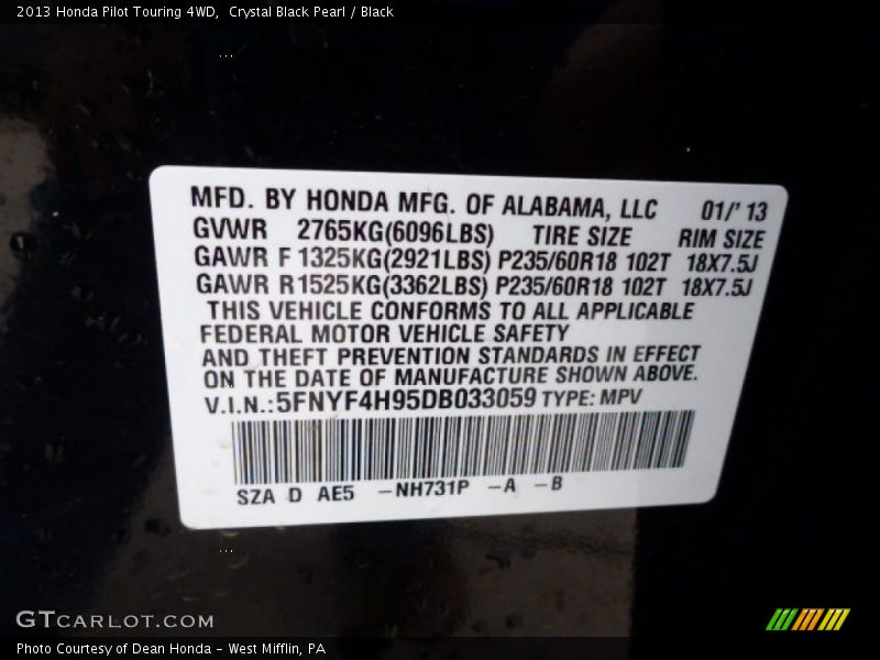 Crystal Black Pearl / Black 2013 Honda Pilot Touring 4WD