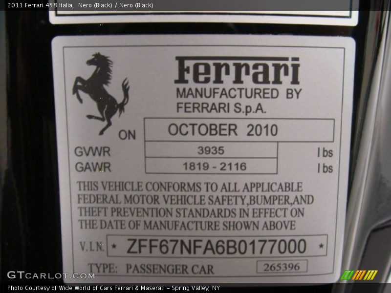 Info Tag of 2011 458 Italia