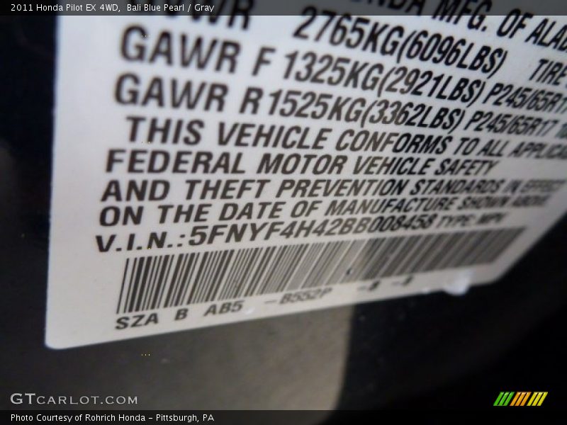 Bali Blue Pearl / Gray 2011 Honda Pilot EX 4WD