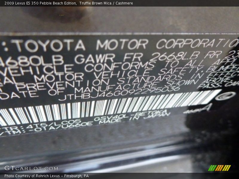 Truffle Brown Mica / Cashmere 2009 Lexus ES 350 Pebble Beach Edition