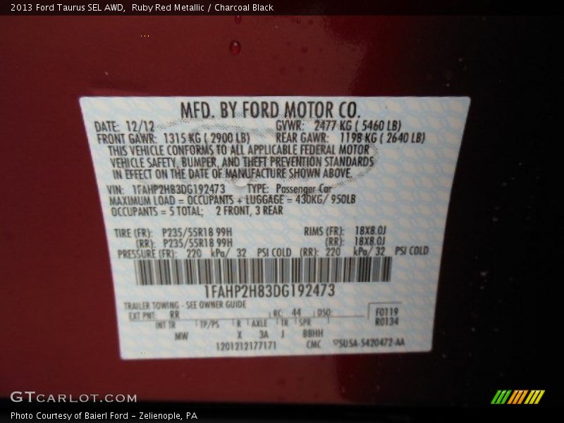 Ruby Red Metallic / Charcoal Black 2013 Ford Taurus SEL AWD