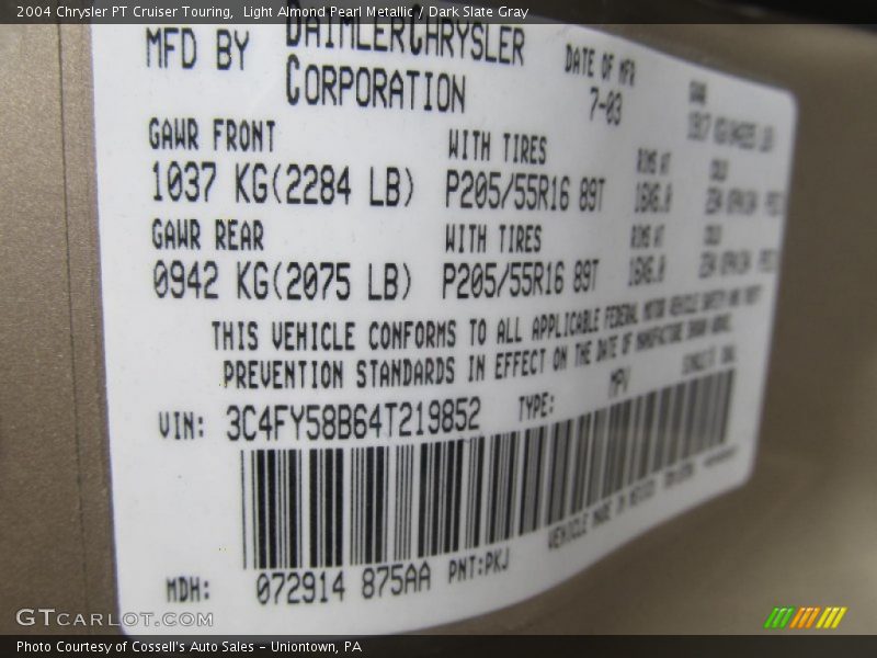 2004 PT Cruiser Touring Light Almond Pearl Metallic Color Code PKJ