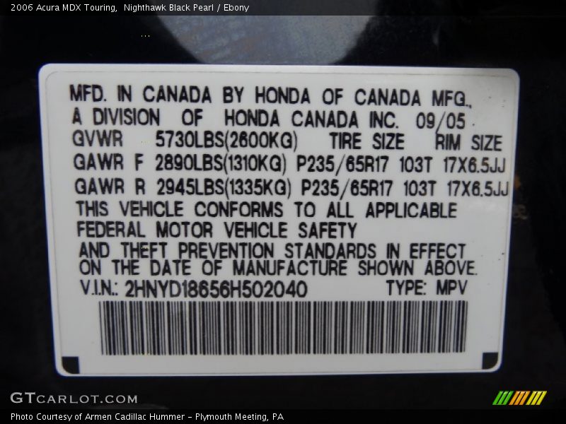Nighthawk Black Pearl / Ebony 2006 Acura MDX Touring