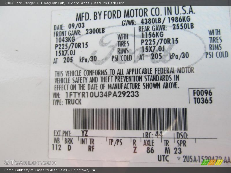 2004 Ranger XLT Regular Cab Oxford White Color Code YZ
