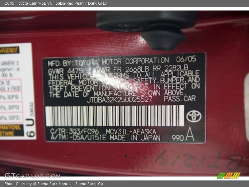 Salsa Red Pearl / Dark Gray 2005 Toyota Camry SE V6