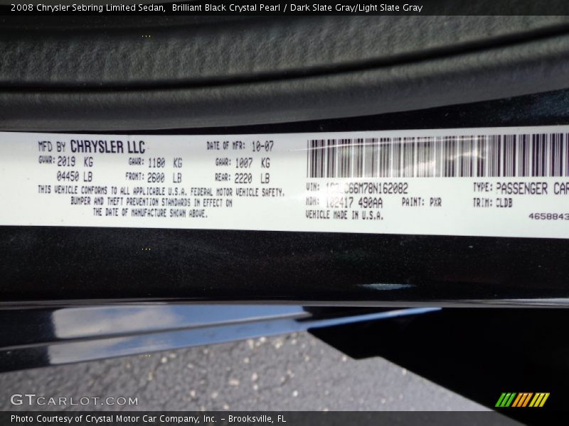 Brilliant Black Crystal Pearl / Dark Slate Gray/Light Slate Gray 2008 Chrysler Sebring Limited Sedan