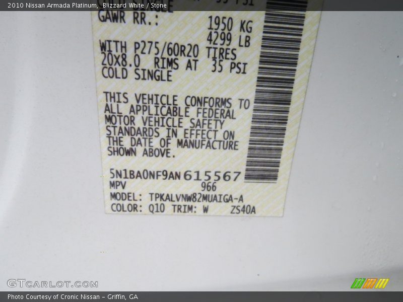 Blizzard White / Stone 2010 Nissan Armada Platinum