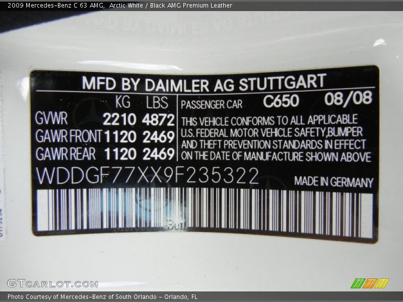 2009 C 63 AMG Arctic White Color Code 650