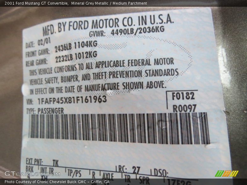 2001 Mustang GT Convertible Mineral Grey Metallic Color Code TK