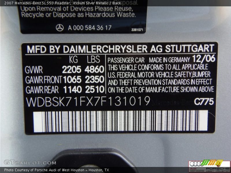 Iridium Silver Metallic / Black 2007 Mercedes-Benz SL 550 Roadster