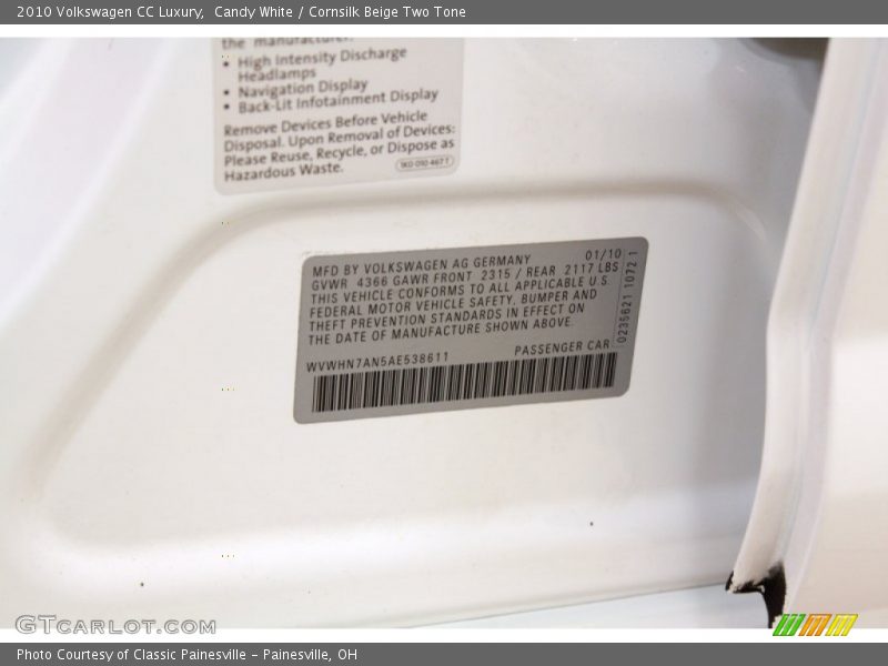 Candy White / Cornsilk Beige Two Tone 2010 Volkswagen CC Luxury