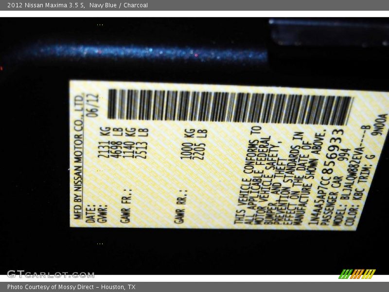 Navy Blue / Charcoal 2012 Nissan Maxima 3.5 S