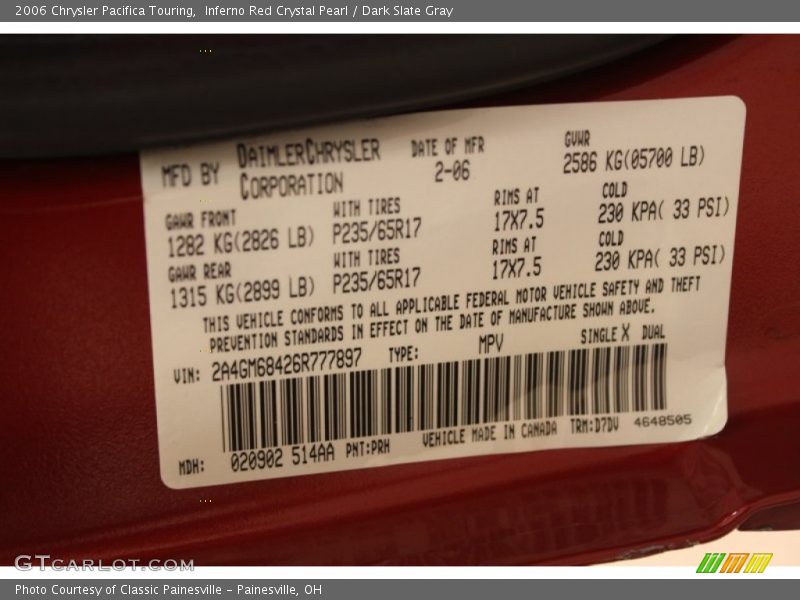2006 Pacifica Touring Inferno Red Crystal Pearl Color Code PRH