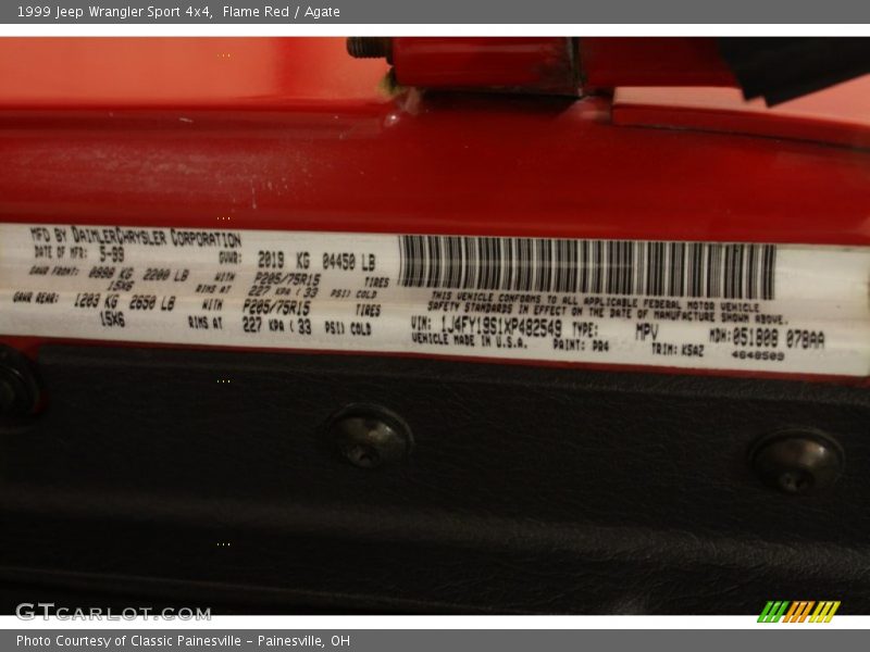 1999 Wrangler Sport 4x4 Flame Red Color Code PR4