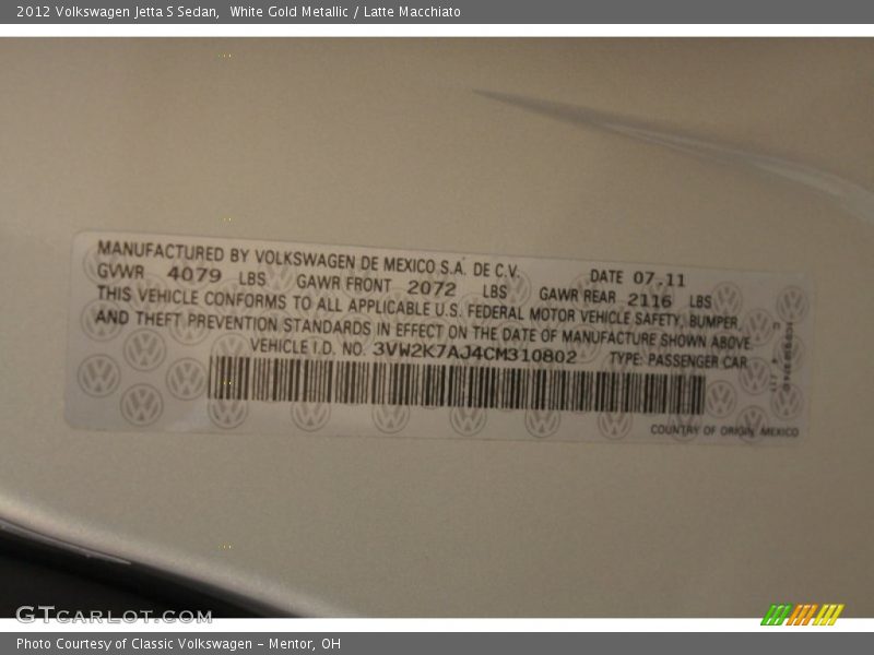 White Gold Metallic / Latte Macchiato 2012 Volkswagen Jetta S Sedan