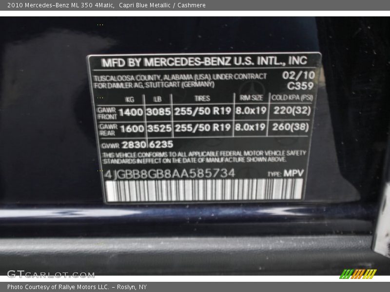 2010 ML 350 4Matic Capri Blue Metallic Color Code 359