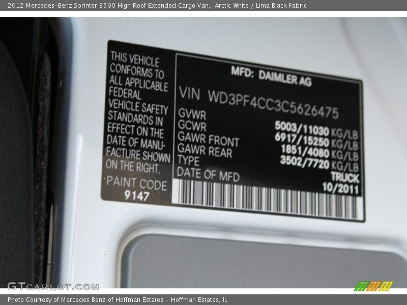 Arctic White / Lima Black Fabric 2012 Mercedes-Benz Sprinter 3500 High Roof Extended Cargo Van