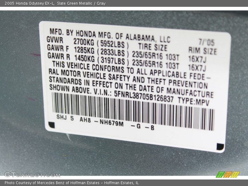 2005 Odyssey EX-L Slate Green Metallic Color Code NH679M