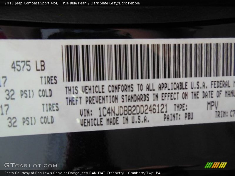 True Blue Pearl / Dark Slate Gray/Light Pebble 2013 Jeep Compass Sport 4x4