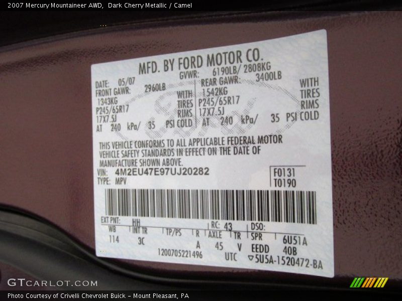 2007 Mountaineer AWD Dark Cherry Metallic Color Code HH