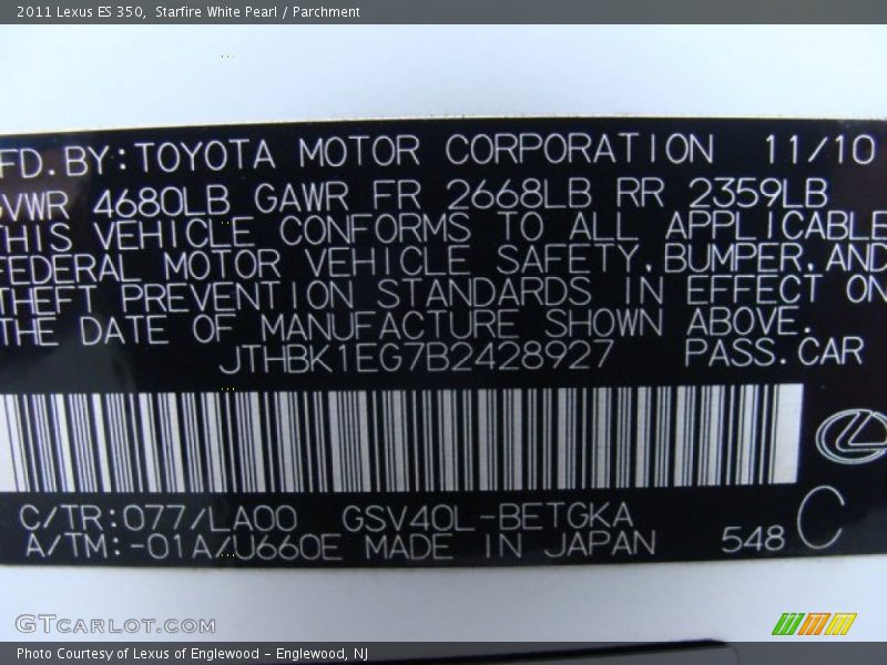 Starfire White Pearl / Parchment 2011 Lexus ES 350