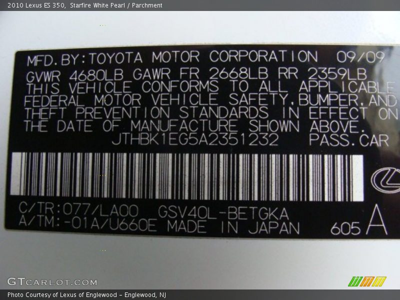 Starfire White Pearl / Parchment 2010 Lexus ES 350