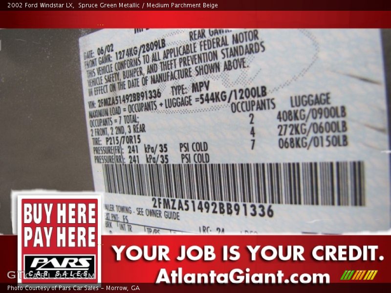 Spruce Green Metallic / Medium Parchment Beige 2002 Ford Windstar LX