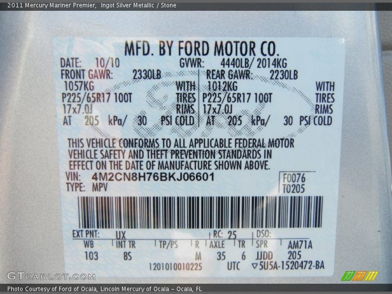 2011 Mariner Premier Ingot Silver Metallic Color Code UX