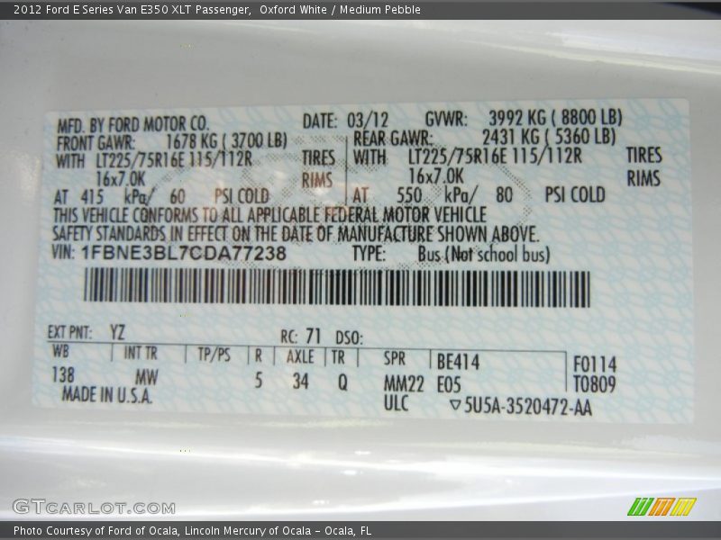 2012 E Series Van E350 XLT Passenger Oxford White Color Code YZ