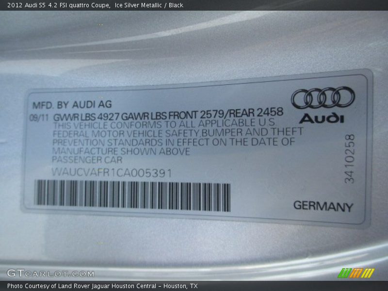 Ice Silver Metallic / Black 2012 Audi S5 4.2 FSI quattro Coupe
