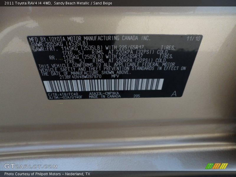2011 RAV4 I4 4WD Sandy Beach Metallic Color Code 4T8