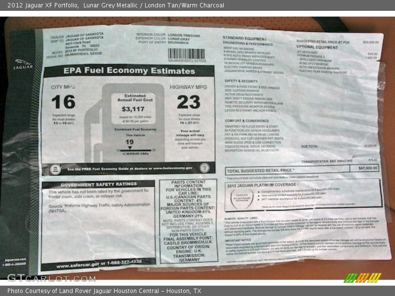  2012 XF Portfolio Window Sticker