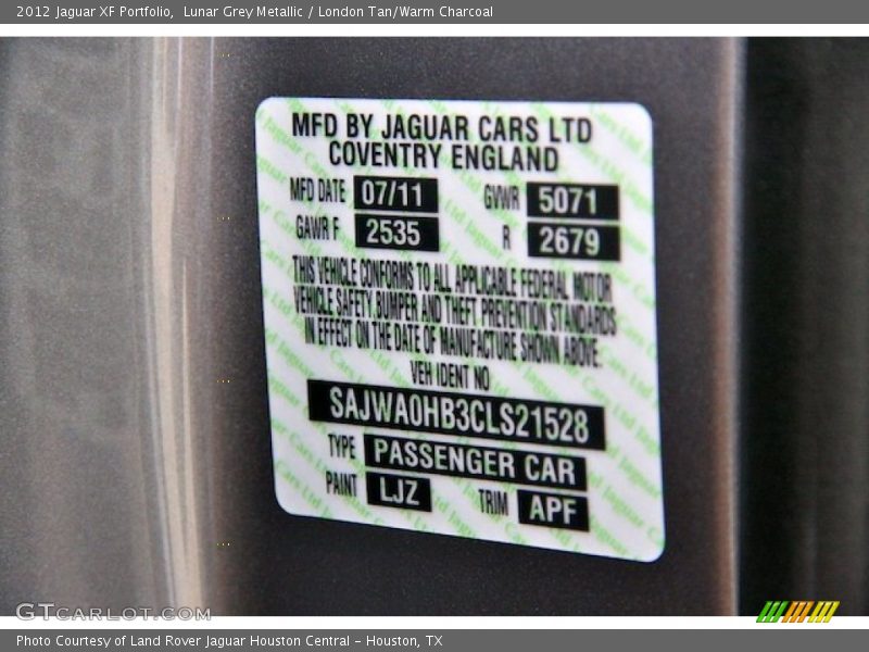 2012 XF Portfolio Lunar Grey Metallic Color Code LJZ